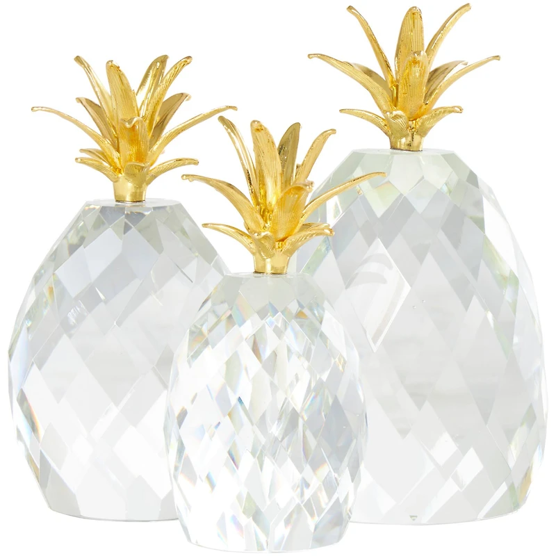 Clear & Gold Crystal Faceted Pineapple Sculpture Set