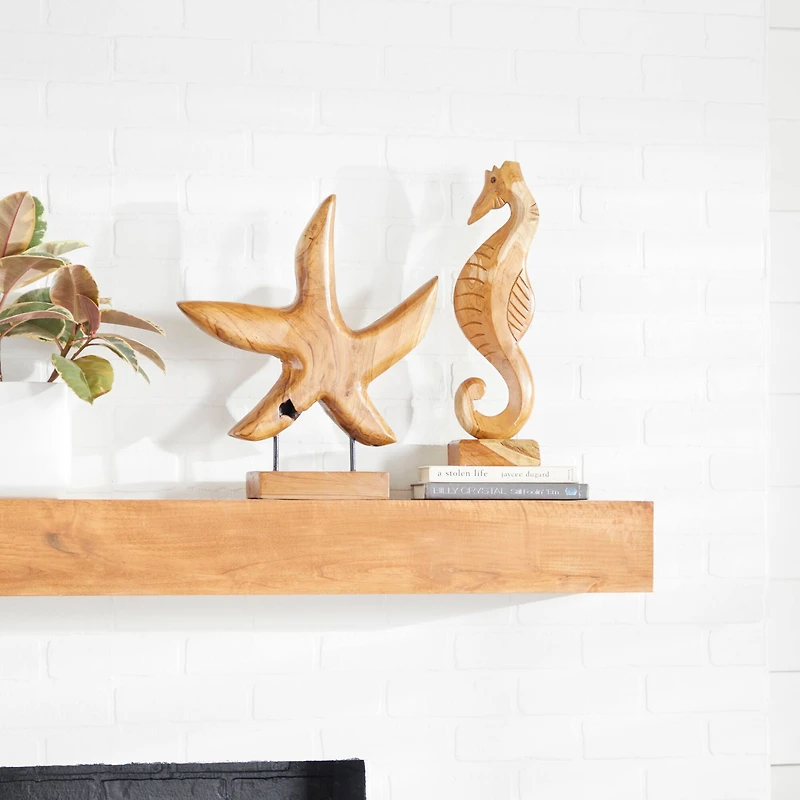 Set of 2 Brown Teak Wood Natural Sculpture 17", 18"