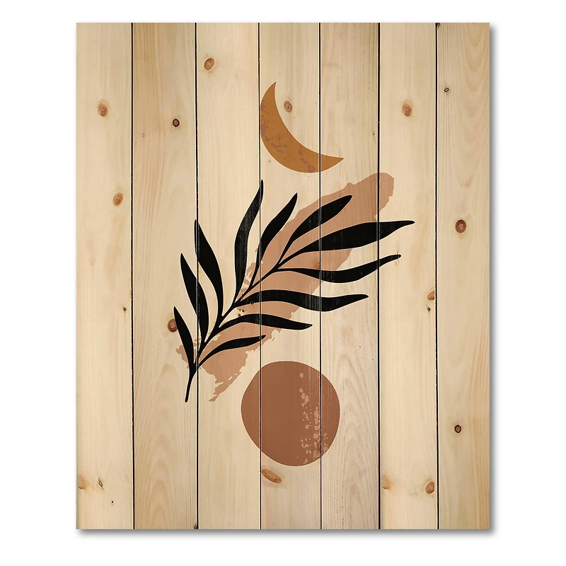 Designart - Abstact Minimal Sun, Moon & Tropical Palm Leaf I - Modern Print on Natural Pine Wood