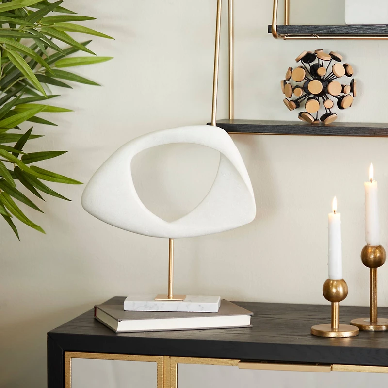 13" White Cut-Out Abstract Sculpture with Marble Stand