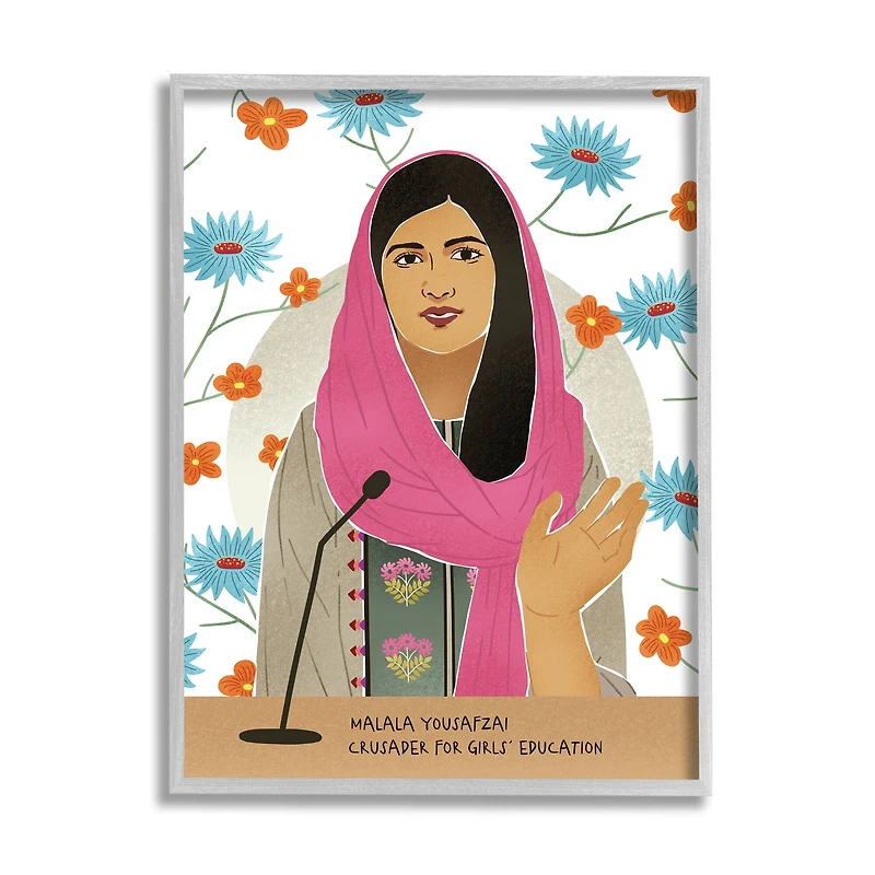Stupell Industries Malala Yousafzai Speech Over Blue & Orange Flowers Wall Art in Gray Frame