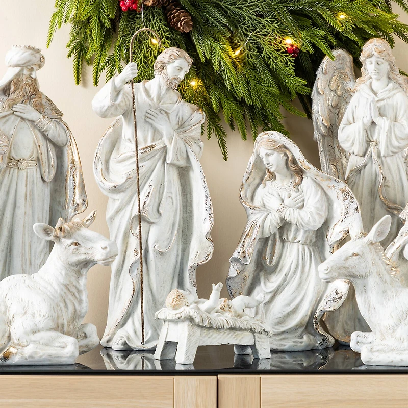 Glitzhome® 10-Piece Ivory & Gold Resin Nativity Figurine Set