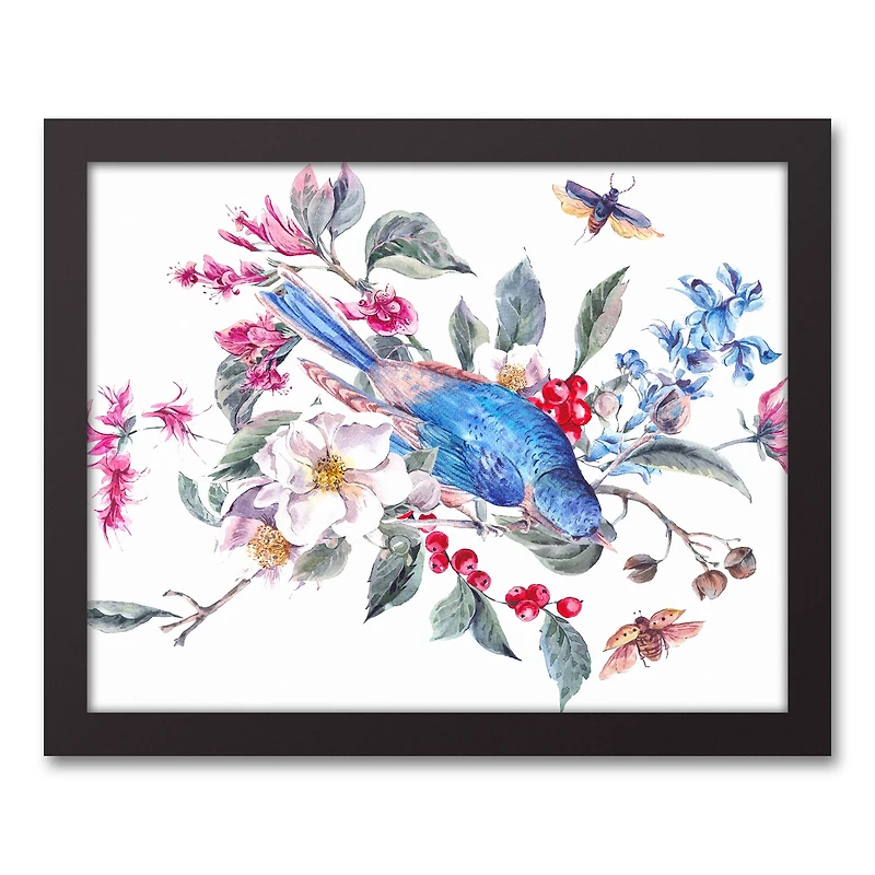 Floral Bird on Branch 11" x 14" Black Framed Canvas