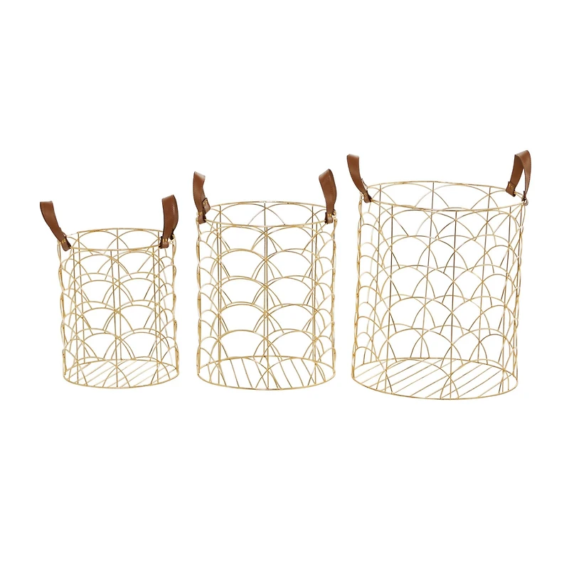 CosmoLiving by Cosmopolitan Gold Metal Storage Basket with Faux Leather Handles Set of 3 16", 14", 12"