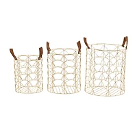 CosmoLiving by Cosmopolitan Gold Metal Storage Basket with Faux Leather Handles Set of 3 16", 14", 12"