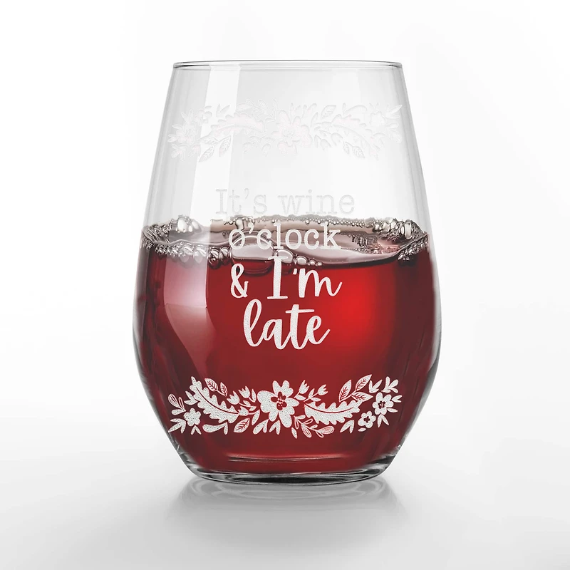 15oz. I'm Late for Wine O'Clock Engraved Stemless Wine Glass