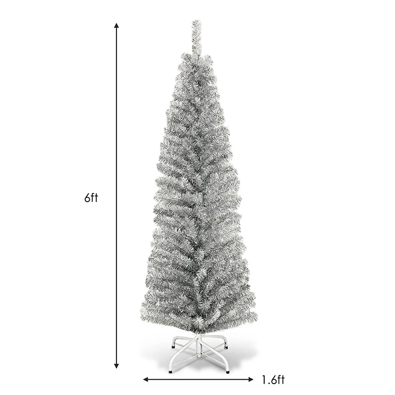 Costway 6ft. Unlit Silver Slim Pencil Tinsel Artificial Christmas Tree