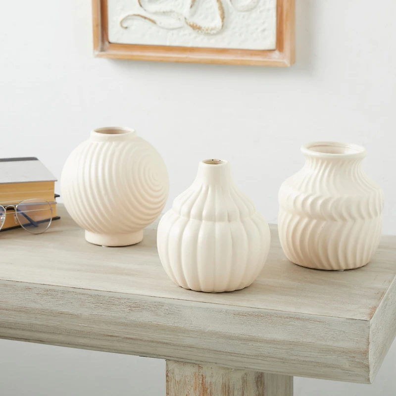 6" Cream Ceramic Abstract Textured Vase Set