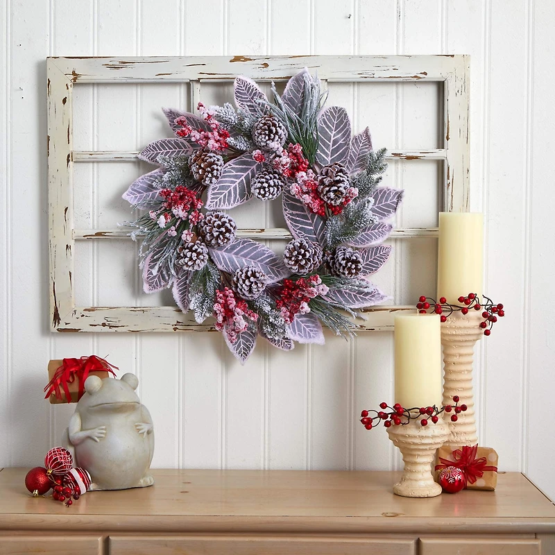 24" Snowy Magnolia Berry Wreath