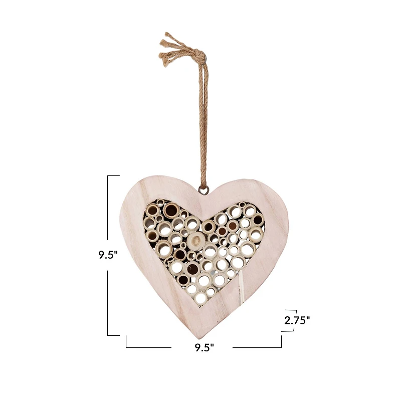 Hello Honey® 9.5" Natural Paulownia Wood & Bamboo Heart-Shaped Insect House with Jute Hanger