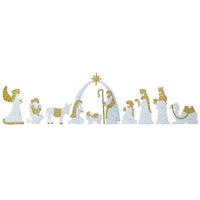 Glitzhome® 55"H Lighted Christmas 2D Iridescent Fabric Nativity Scene Outdoor Decor Set