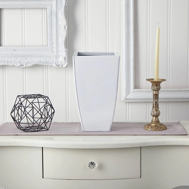 13" White Tapered Square Metal Planter