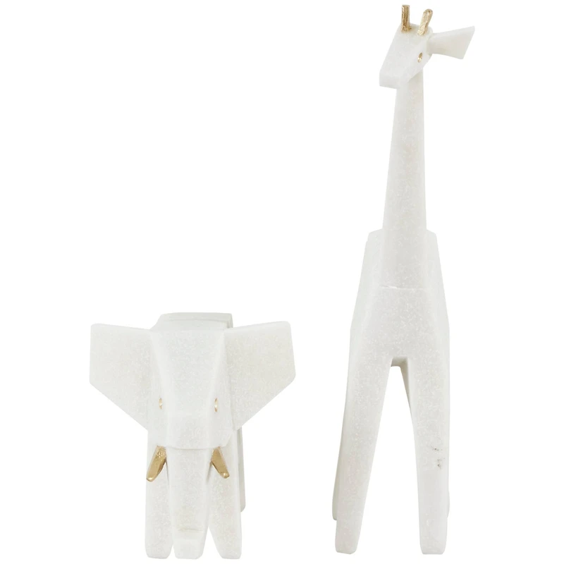 White Polystone Elephant & Giraffe Cubist Inspired Sculpture Set