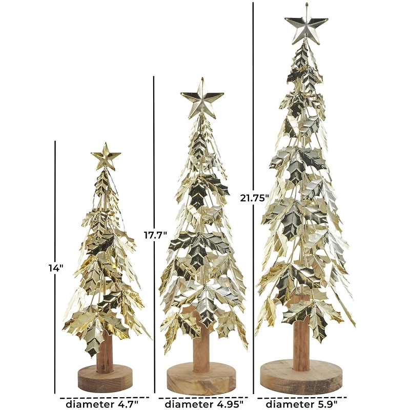 Gold Metal Layered Holly Leaf Christmas Tree Sculpture Set