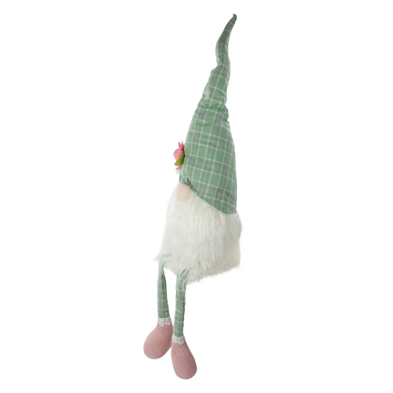 28" Green & White Plaid Spring Gnome with Dangling Legs Figure