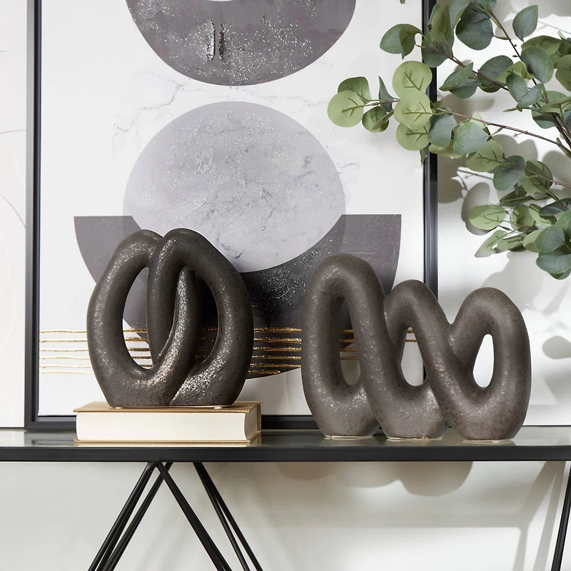 Black Interwoven Circles Ceramic Abstract Sculpture Set