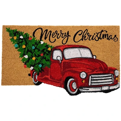 Red and Green Vintage Truck "Merry Christmas" Outdoor Natural Coir Doormat 18" x 30"