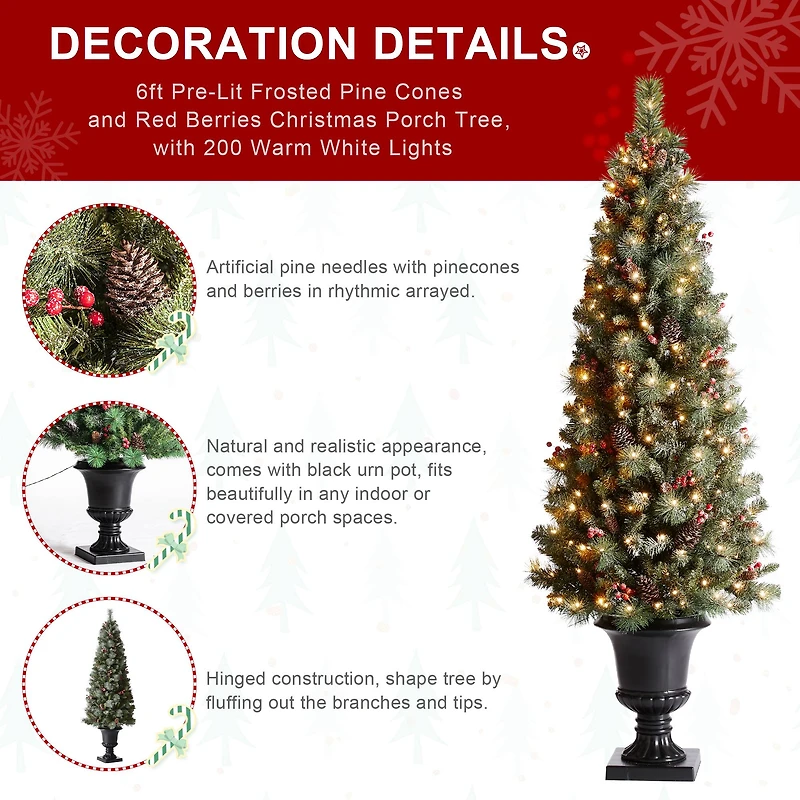 6ft. Pre-Lit Frosted Pinecones & Red Berries Artificial Christmas Porch Tree, Warm White LED Lights