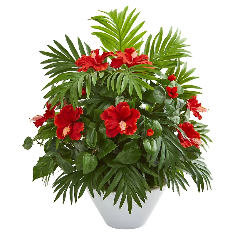 2.2ft. Red Hibiscus & Areca Palm Artificial Plant in White Bowl 