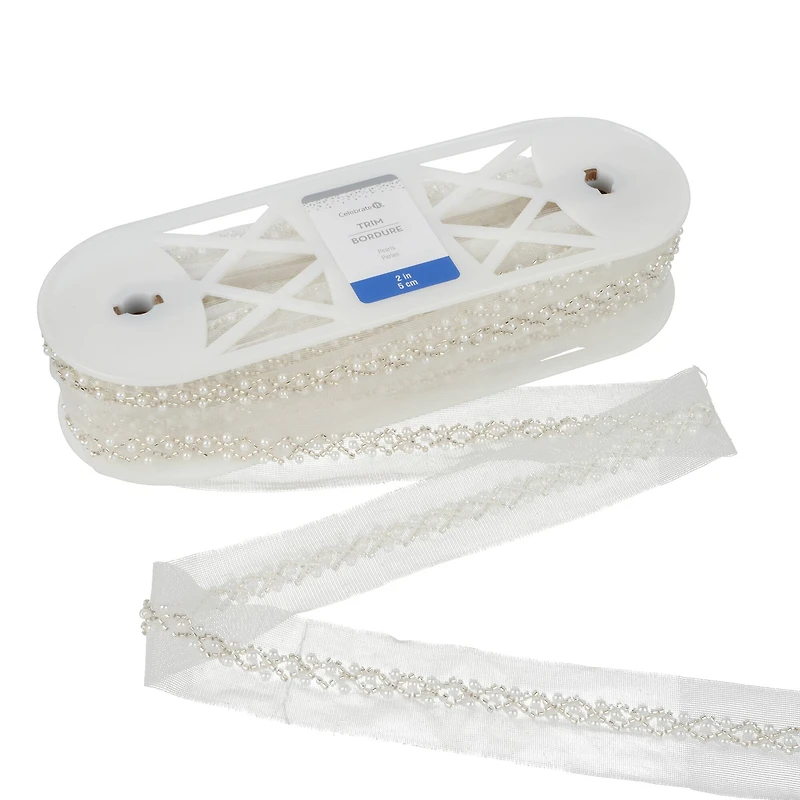2" White Crisscross Pearls Sheer Ribbon by Celebrate It®