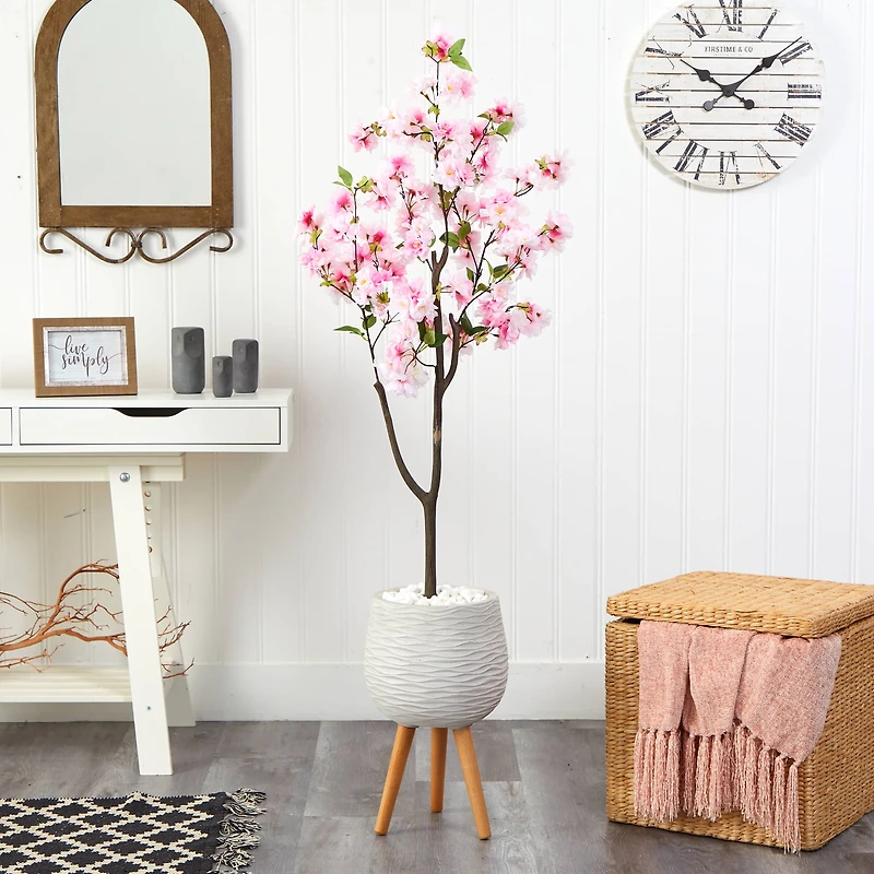 5ft. Cherry Blossom Artificial Tree in White Planter with Stand