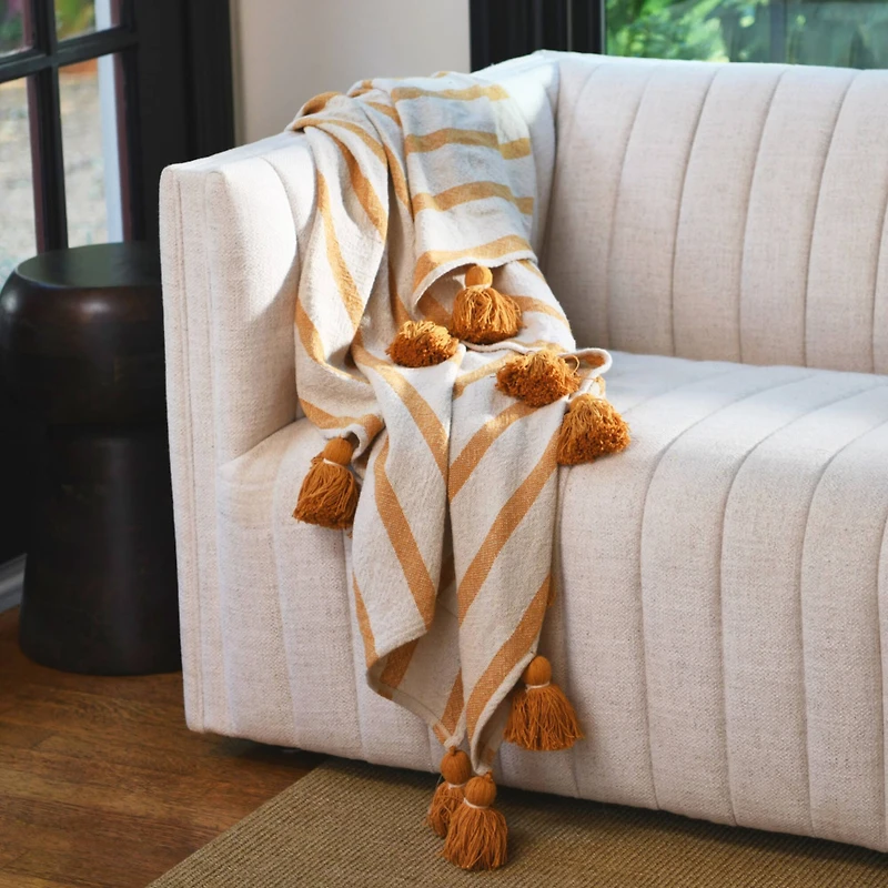 Hello Honey® Golden Yellow Striped Cotton Throw Blanket with Tassels