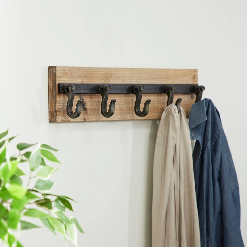 Brown Wood Industrial Wall Hooks, 6" x 24" x 4"