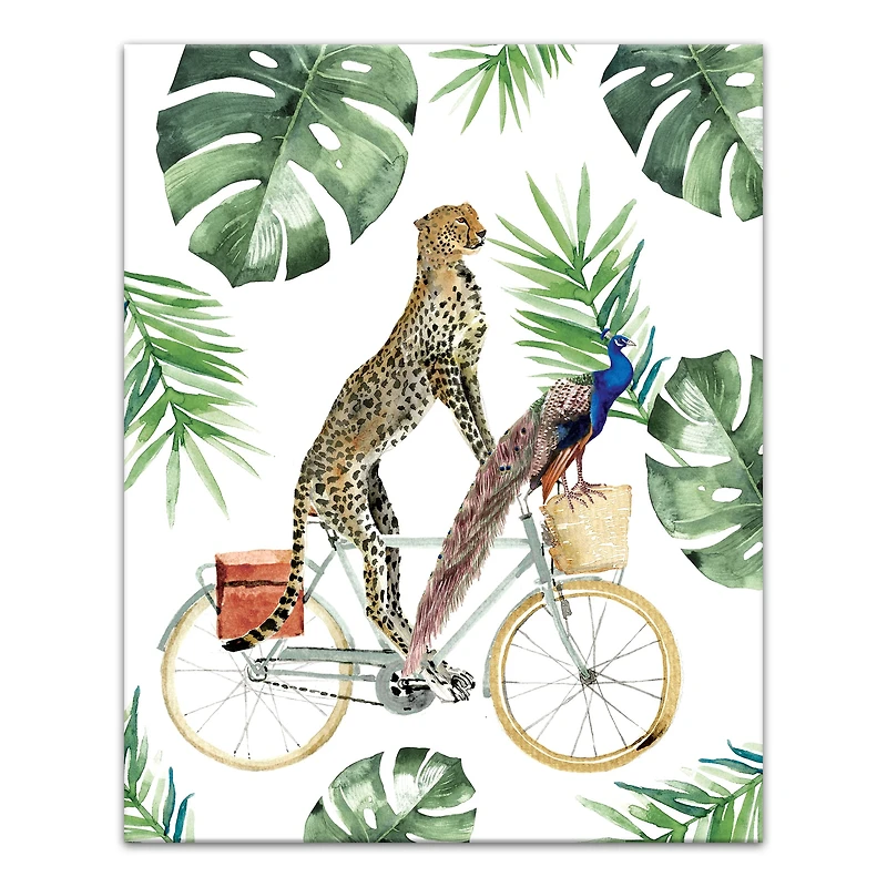 Cheetah & Peacock on Bike Canvas Wall Art