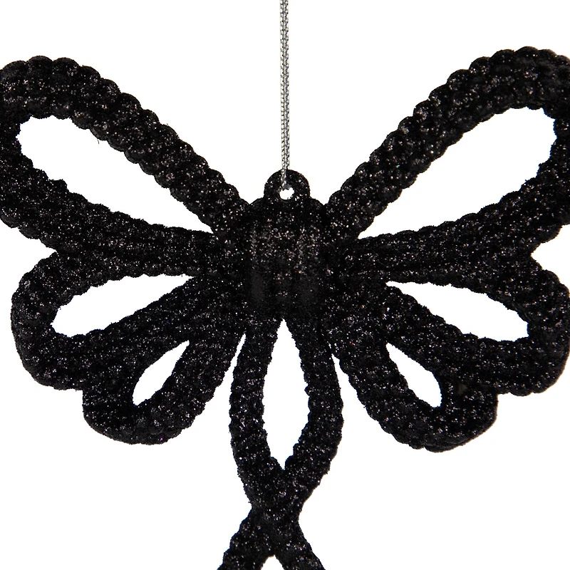 Set of 4 Black Glitter Bowtie Christmas Ornaments 6"