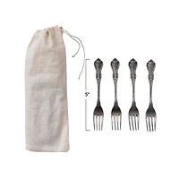 Hello Honey® Antique Silver Embossed Brass Appetizer Forks in Drawstring Bag