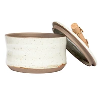 Hello Honey® 6.75" Beige Reactive Glaze Stoneware Canister with Pine Wood & Jute Handle Lid