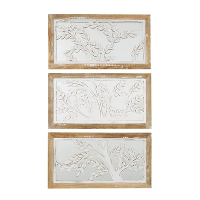 26" x 14" White Wood Tree Wall Decor with Brown Frames and Mirrored Backing, Set of 3