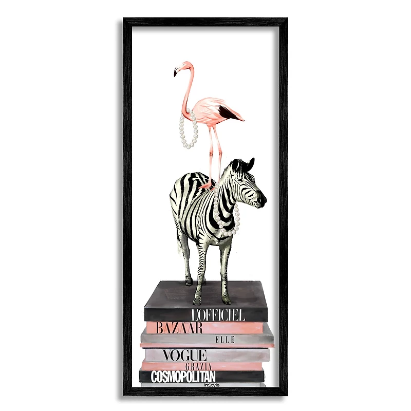 Stupell Industries Fashion Flamingo Zebra Glam Book Stack Pearls Framed Wall Art