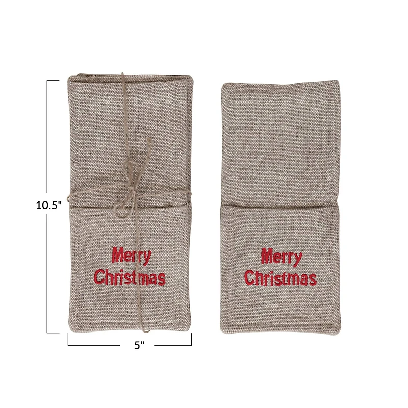 Hello Honey® 10.5" Beige & Red Woven Cotton Cutlery Sleeves with Christmas Embroidery, 4ct.