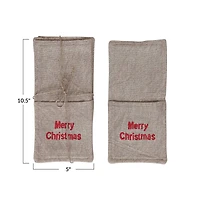 Hello Honey® 10.5" Beige & Red Woven Cotton Cutlery Sleeves with Christmas Embroidery, 4ct.