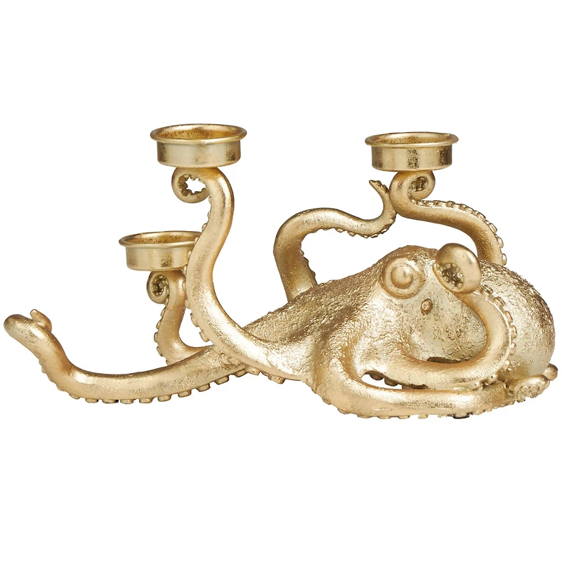 11" Gold Polystone Textured Octopus Candelabra with Tentacle Candle Slots
