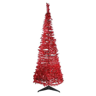 6ft. Pre-Lit Red Tinsel Artificial Pop-Up Christmas Tree, Clear Lights