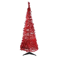 6ft. Pre-Lit Red Tinsel Artificial Pop-Up Christmas Tree, Clear Lights
