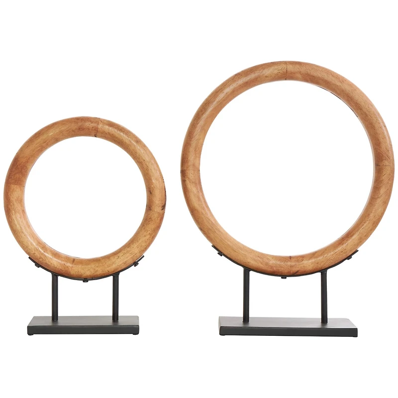 Brown Wood Geometric Circular Ring Sculpture Set
