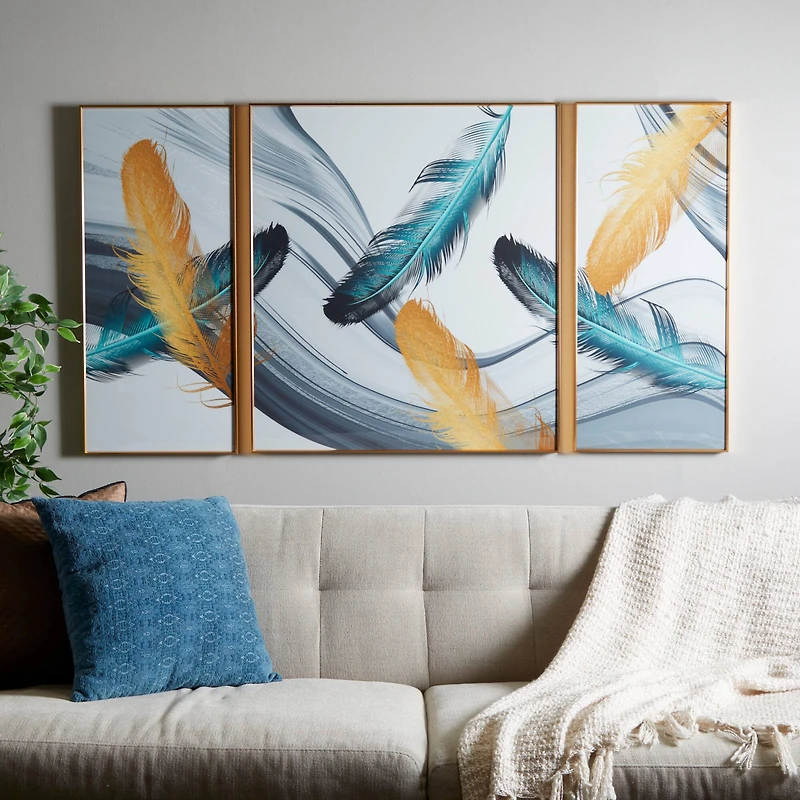 CosmoLiving by Cosmopolitan Blue Porcelain Feathers Bird Framed Wall Art with Gold Aluminum Frame Set of 3 32", 16", 16"