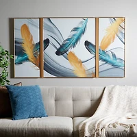CosmoLiving by Cosmopolitan Blue Porcelain Feathers Bird Framed Wall Art with Gold Aluminum Frame Set of 3 32", 16", 16"