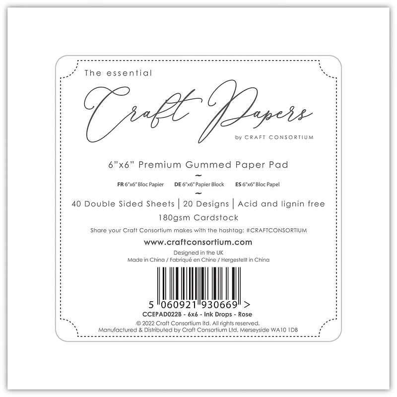 Craft Consortium Double-Sided Paper Pad 6" x 6" 40 ct. Ink Drops - Rose, 20 Designs