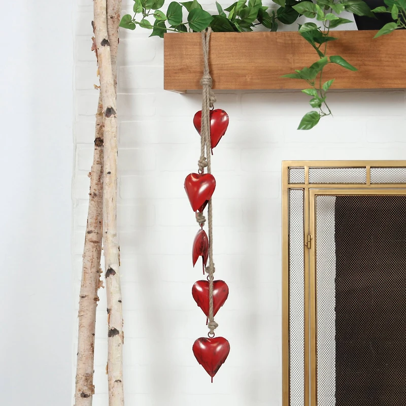 Red Metal Heart Tibetan Inspired Decorative Cow Bells with Jute Hanging Rope