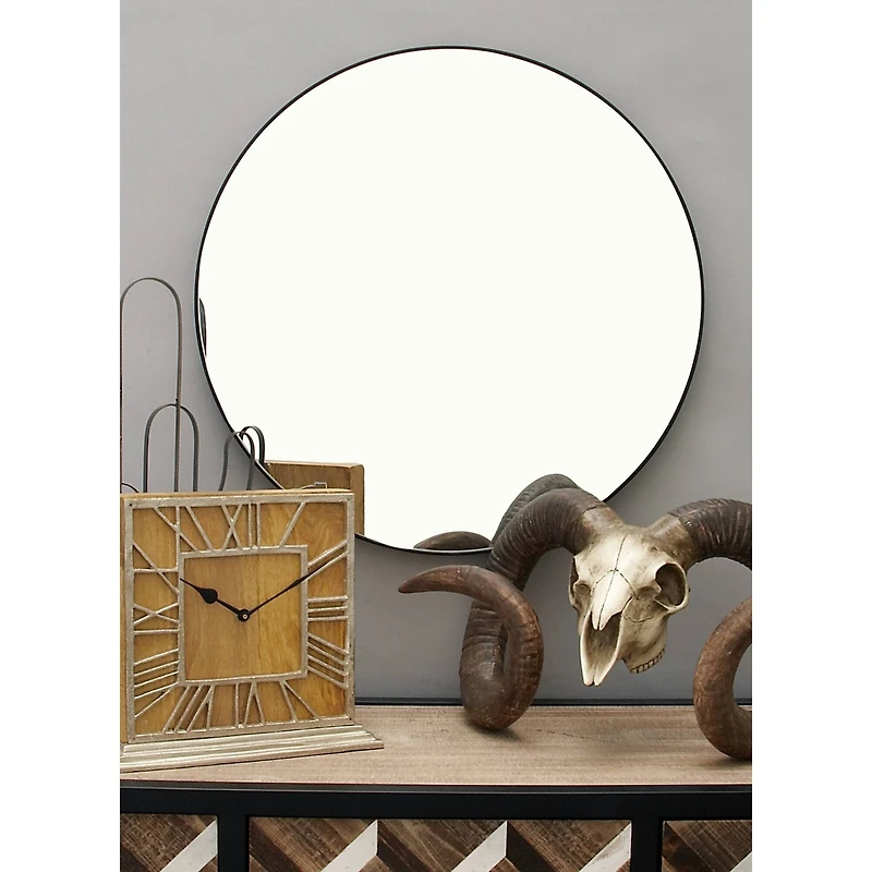24" Black Wood Contemporary Round Wall Mirror