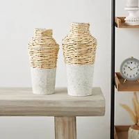 Brown Seagrass Woven Vase with Speckled Black and White Bases Set