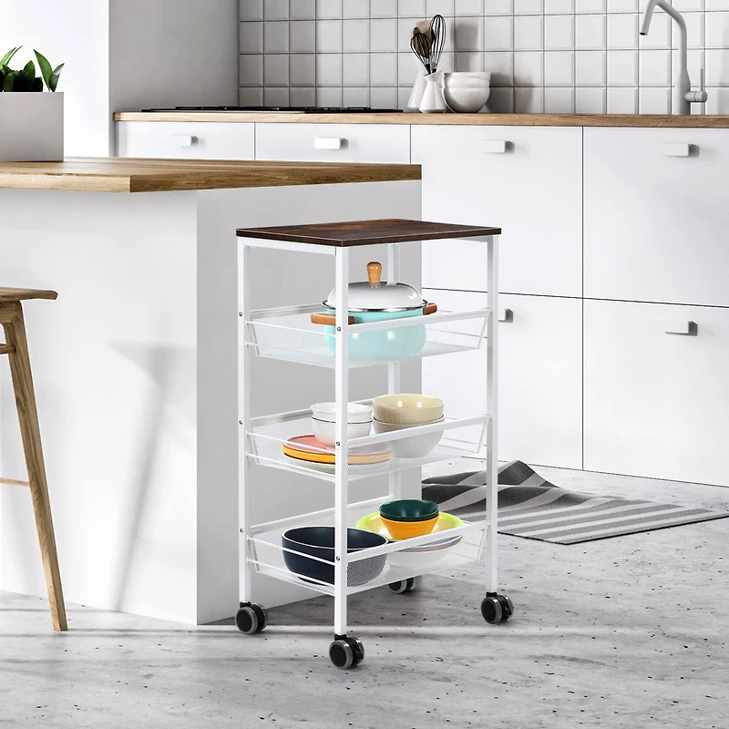 White 3-Tier Kitchen Storage Rack Cart with Lockable Wheels & Wood Top