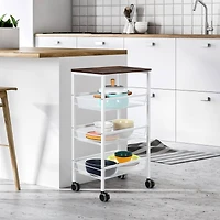 White 3-Tier Kitchen Storage Rack Cart with Lockable Wheels & Wood Top