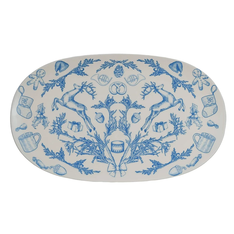 Hello Honey® 15.25" Blue & Cream Classic Holiday Oval Stoneware Platter