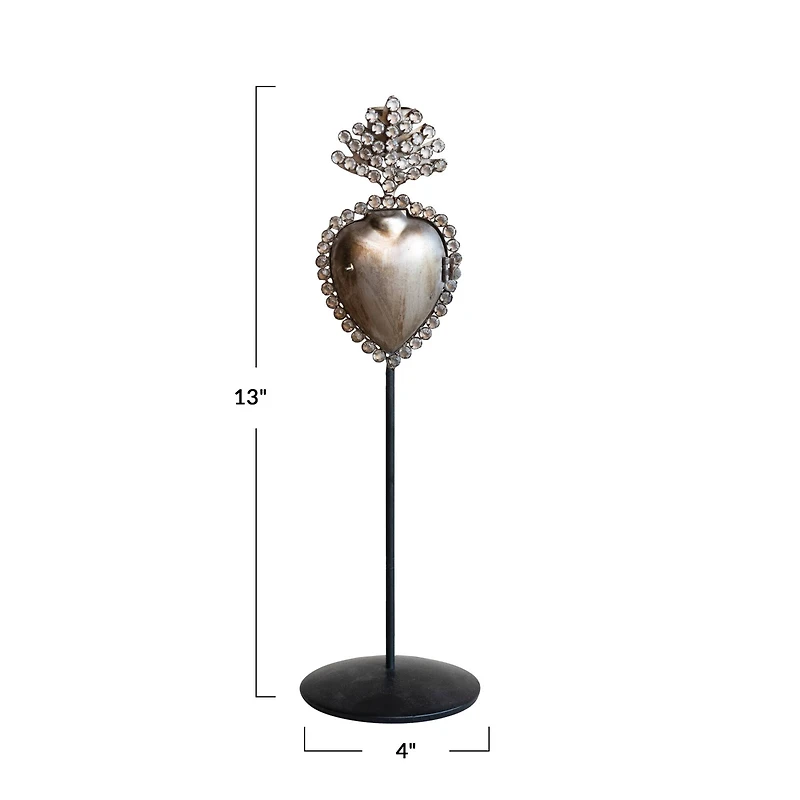 Hello Honey® 13" Black & Antique Silver Finish Tall Metal Sacred Heart Taper Candleholder with Jewels