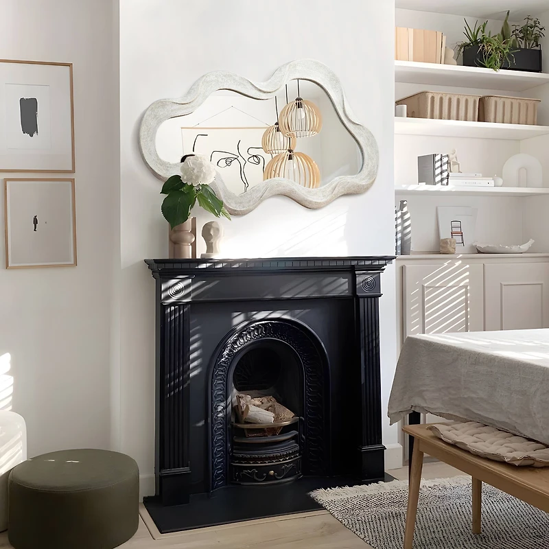 Glitzhome® 31.75" Washed White Wood Frame Wavy Wall Mirror